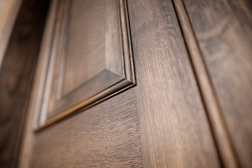Close up of detail of panneling on a wooden door with a shallow depth of field