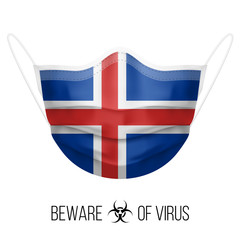 Fototapeta premium Medical Mask with National Flag of Iceland as Icon on White. Protective Mask Virus and Flu. Surgery Concept of Health Care Problems and Fight Novel Coronavirus (2019-nCoV) in Form of Icelandic flag
