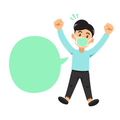 Air pollution concept man wearing protective face mask and speech bubble for design.