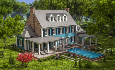 3d rendering of modern cozy classic house in colonial style with garage and pool for sale or rent with beautiful landscaping on background. Clear sunny summer day with blue sky.