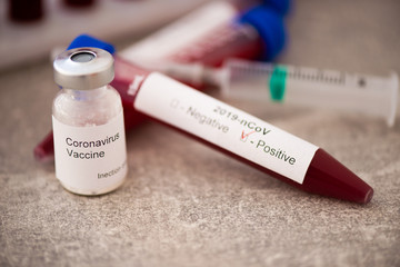 Test tube with blood sample for COVID-19 test, novel coronavirus 2019. Concept of vaccination, Covid-19 coronavirus diagnostic, cure for the flu virus