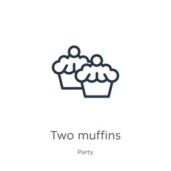 Two muffins icon. Thin linear two muffins outline icon isolated on white background from party collection. Line vector sign, symbol for web and mobile