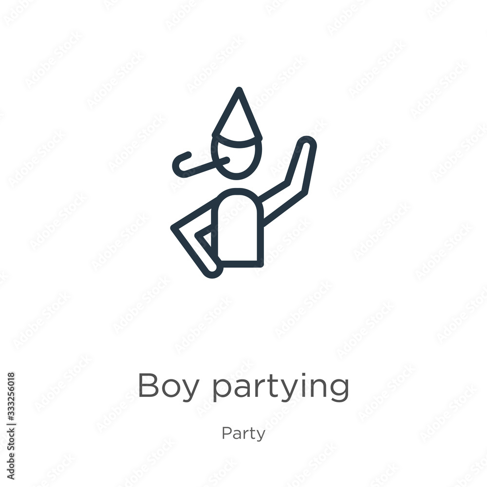 Poster boy partying icon. thin linear boy partying outline icon isolated on white background from party col