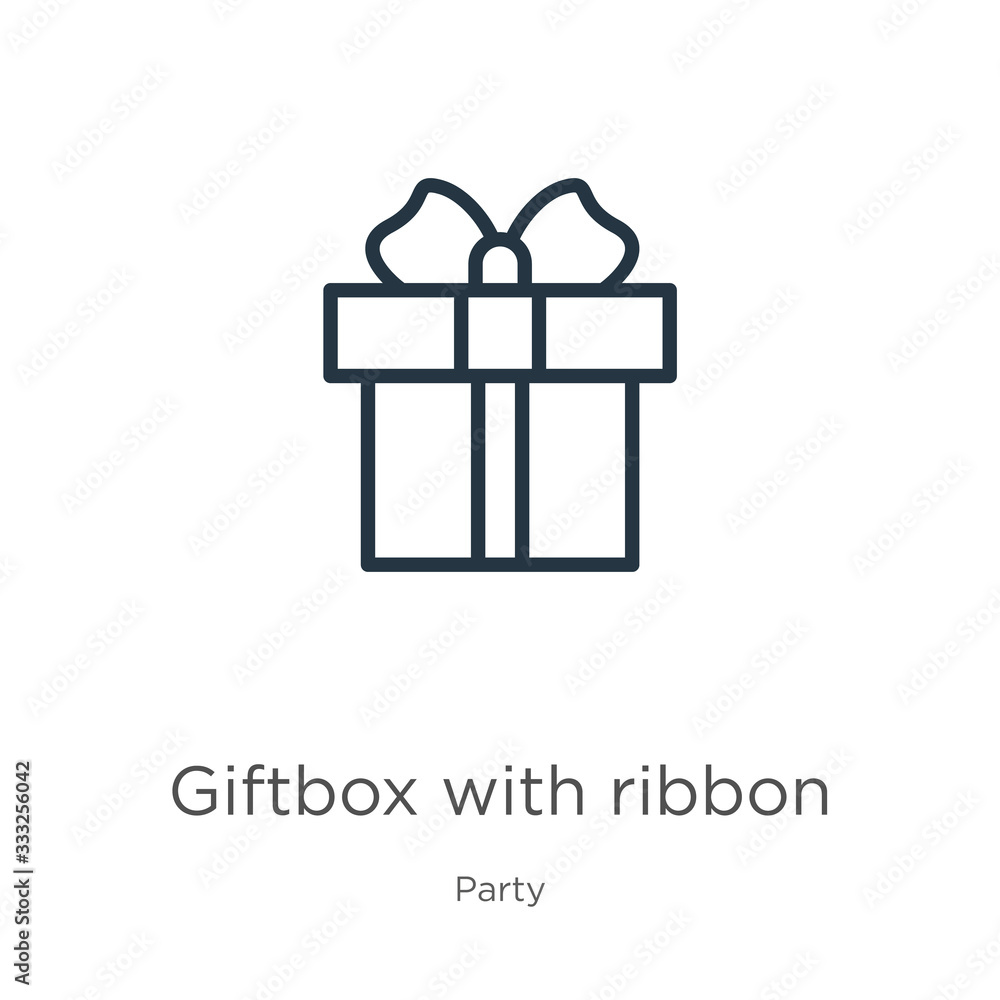 Poster giftbox with ribbon icon. thin linear giftbox with ribbon outline icon isolated on white background 