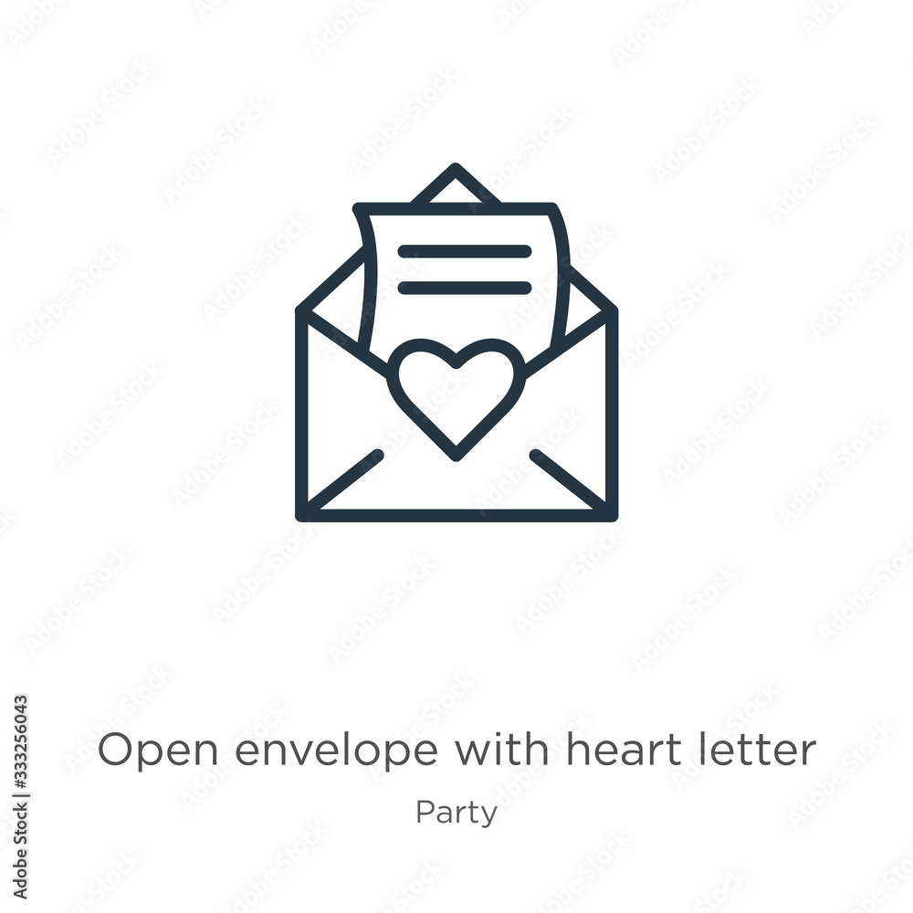 Poster open envelope with heart letter icon. thin linear open envelope with heart letter outline icon isola