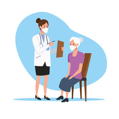 female doctor protecting elderly person characters