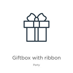 Giftbox with ribbon icon. Thin linear giftbox with ribbon outline icon isolated on white background from party collection. Line vector sign, symbol for web and mobile