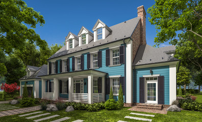 Fototapeta na wymiar 3d rendering of modern cozy classic house in colonial style with garage and pool for sale or rent with beautiful landscaping on background. Clear sunny summer day with blue sky.