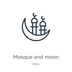 Fototapeta premium Mosque and moon icon. Thin linear mosque and moon outline icon isolated on white background from other collection. Line vector sign, symbol for web and mobile