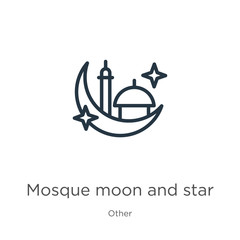 Mosque moon and star icon. Thin linear mosque moon and star outline icon isolated on white background from other collection. Line vector sign, symbol for web and mobile