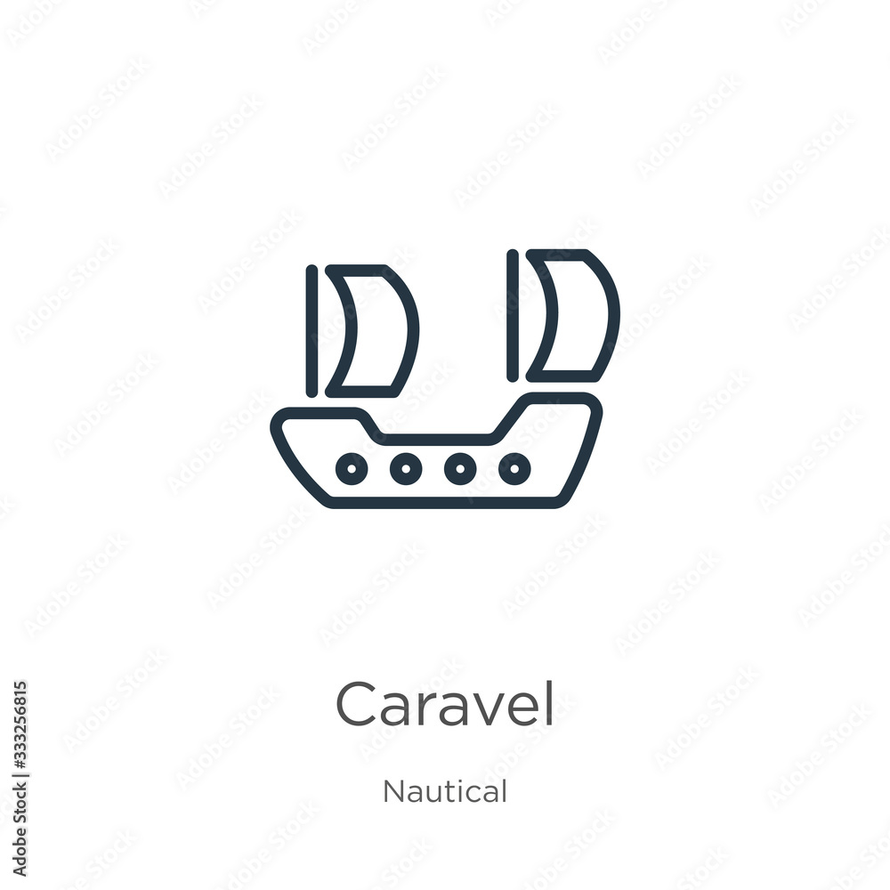 Poster caravel icon. thin linear caravel outline icon isolated on white background from nautical collection