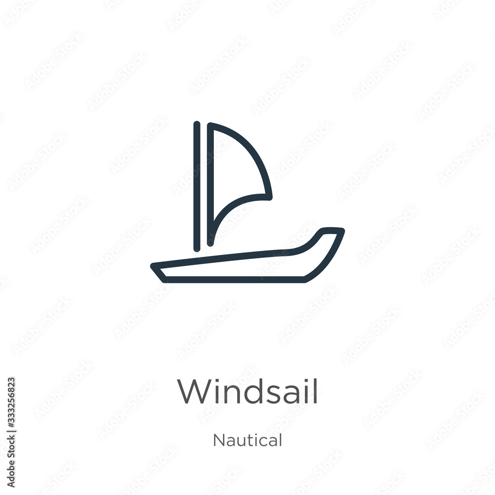 Poster windsail icon. thin linear windsail outline icon isolated on white background from nautical collecti