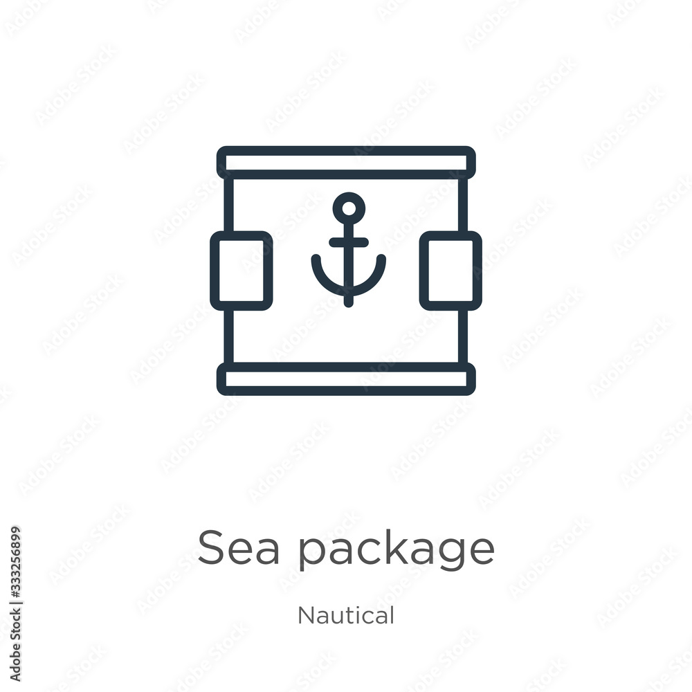 Poster sea package icon. thin linear sea package outline icon isolated on white background from nautical co