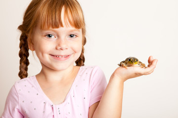 Happy Princess Girl Holding a Frog, Fairy Tale Magic