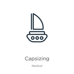 Capsizing icon. Thin linear capsizing outline icon isolated on white background from nautical collection. Line vector sign, symbol for web and mobile