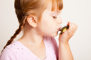 Little Princess Girl Kissing a Frog, Fairy Tale Magic