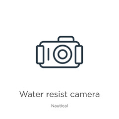 Water resist camera icon. Thin linear water resist camera outline icon isolated on white background from nautical collection. Line vector sign, symbol for web and mobile