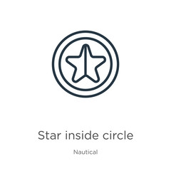 Star inside circle icon. Thin linear star inside circle outline icon isolated on white background from nautical collection. Line vector sign, symbol for web and mobile