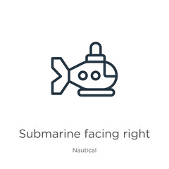 Fototapeta premium Submarine facing right icon. Thin linear submarine facing right outline icon isolated on white background from nautical collection. Line vector sign, symbol for web and mobile