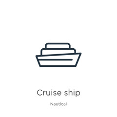 Cruise ship icon. Thin linear cruise ship outline icon isolated on white background from nautical collection. Line vector sign, symbol for web and mobile