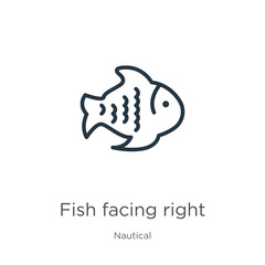 Fish facing right icon. Thin linear fish facing right outline icon isolated on white background from nautical collection. Line vector sign, symbol for web and mobile