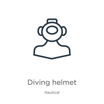 Diving helmet icon. Thin linear diving helmet outline icon isolated on white background from nautical collection. Line vector sign, symbol for web and mobile