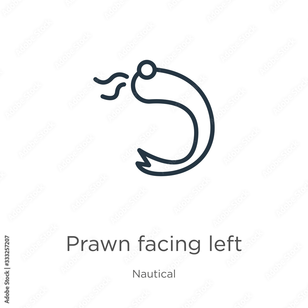 Poster prawn facing left icon. thin linear prawn facing left outline icon isolated on white background from