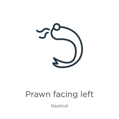 Prawn facing left icon. Thin linear prawn facing left outline icon isolated on white background from nautical collection. Line vector sign, symbol for web and mobile
