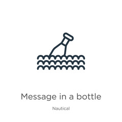 Message in a bottle icon. Thin linear message in a bottle outline icon isolated on white background from nautical collection. Line vector sign, symbol for web and mobile