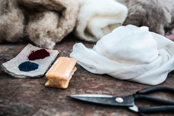 wet felting wool and silk, scissors soap and natural dyes
