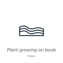 Plant growing on book icon. Thin linear plant growing on book outline icon isolated on white background from nature collection. Line vector sign, symbol for web and mobile