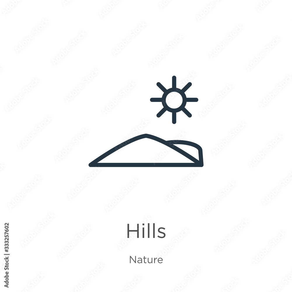 Poster hills icon. thin linear hills outline icon isolated on white background from nature collection. line
