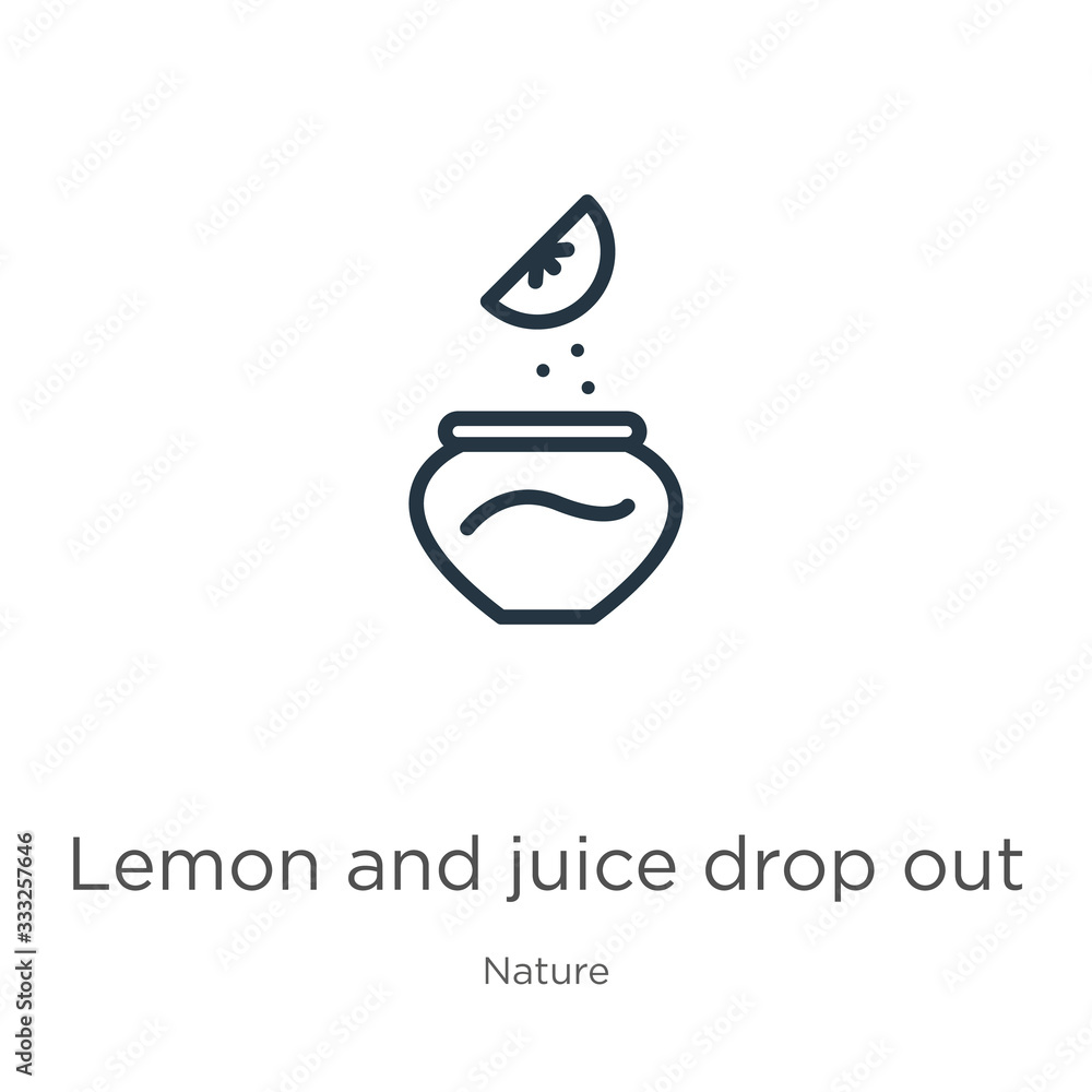 Poster lemon and juice drop out icon. thin linear lemon and juice drop out outline icon isolated on white b
