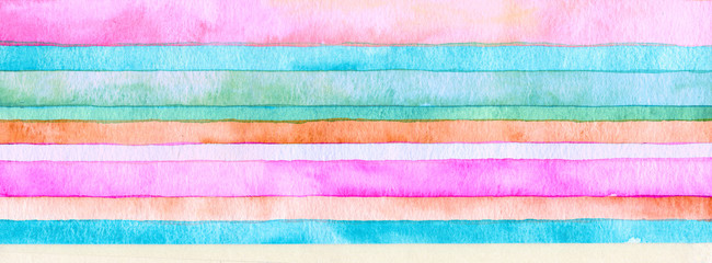 Abstract rainbow acrylic and watercolor strip line paint background. Texture paper. Horizontal long banner.