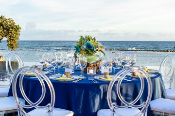 blue beach front wedding table setting