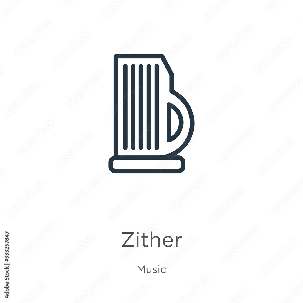 Poster zither icon. thin linear zither outline icon isolated on white background from music collection. lin