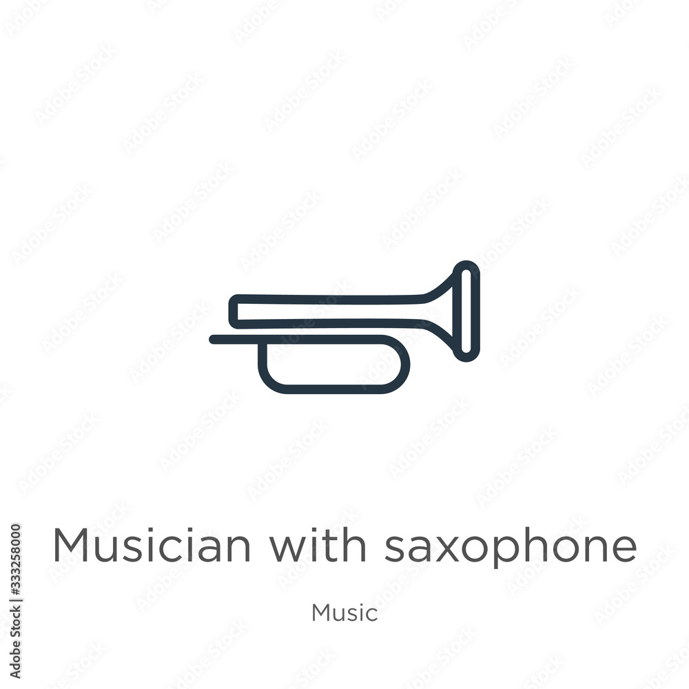 Poster musician with saxophone icon. thin linear musician with saxophone outline icon isolated on white bac