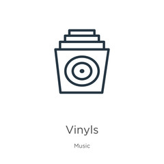 Vinyls icon. Thin linear vinyls outline icon isolated on white background from music collection. Line vector sign, symbol for web and mobile