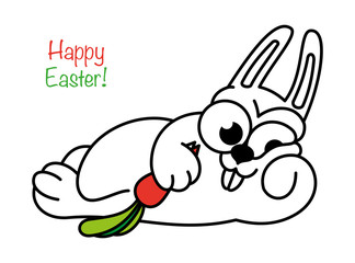 cartoon rabbit is lying and eating a carrot. Contour design of an easter bunny. Symbol for web sites on a white background. Isolated object Vector, illustration