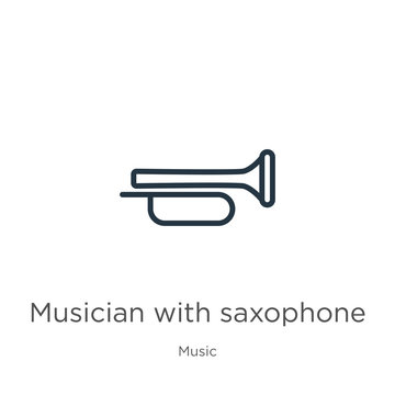 Musician with saxophone icon. Thin linear musician with saxophone outline icon isolated on white background from music collection. Line vector sign, symbol for web and mobile