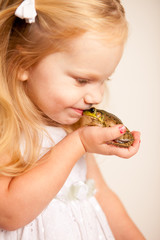Little Princess Girl Kissing a Frog, Fairy Tale Magic