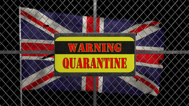 3d Illustration of iron gate with message "warning quarantine". Ragged United Kingdom flag is waving in the wind.
