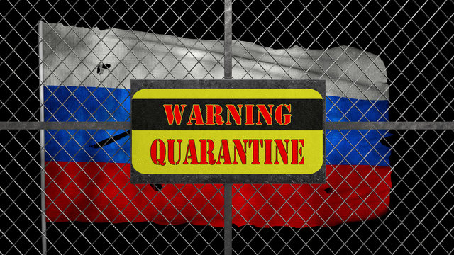 3d Illustration of iron gate with message "warning quarantine". Ragged russian flag is waving in the wind.