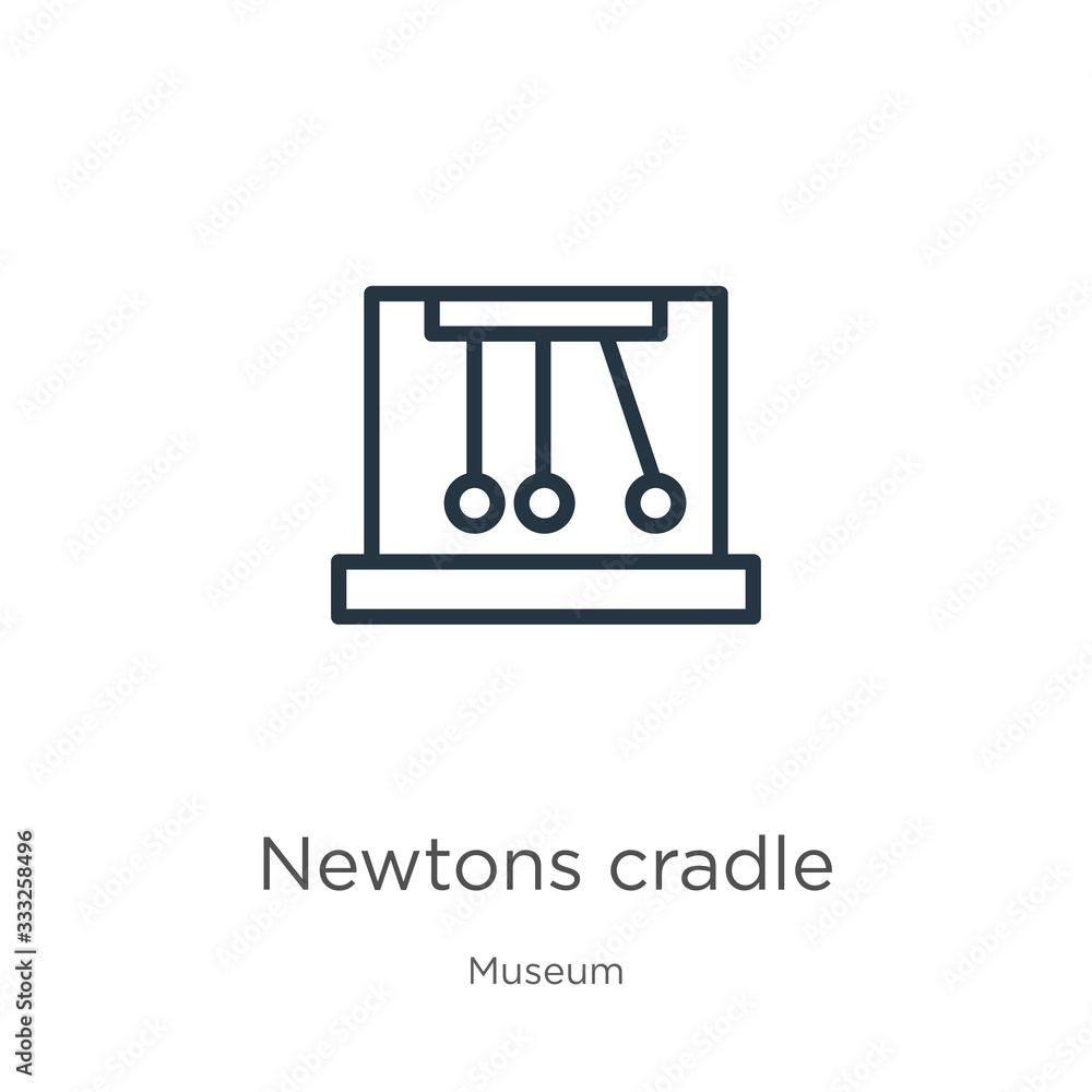 Poster newtons cradle icon. thin linear newtons cradle outline icon isolated on white background from museu