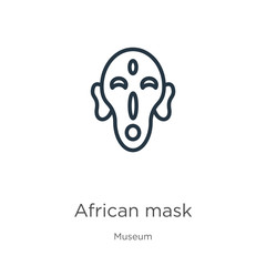 African mask icon. Thin linear african mask outline icon isolated on white background from museum collection. Line vector sign, symbol for web and mobile