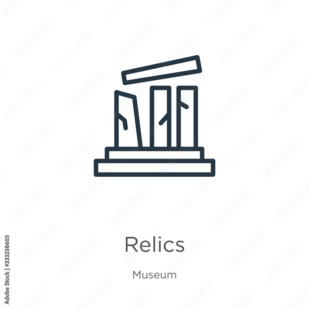 Poster relics icon. thin linear relics outline icon isolated on white background from museum collection. li