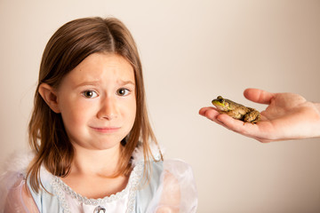 Princess Girl Hesitant to Kiss a Frog, Fairy Tale Magic