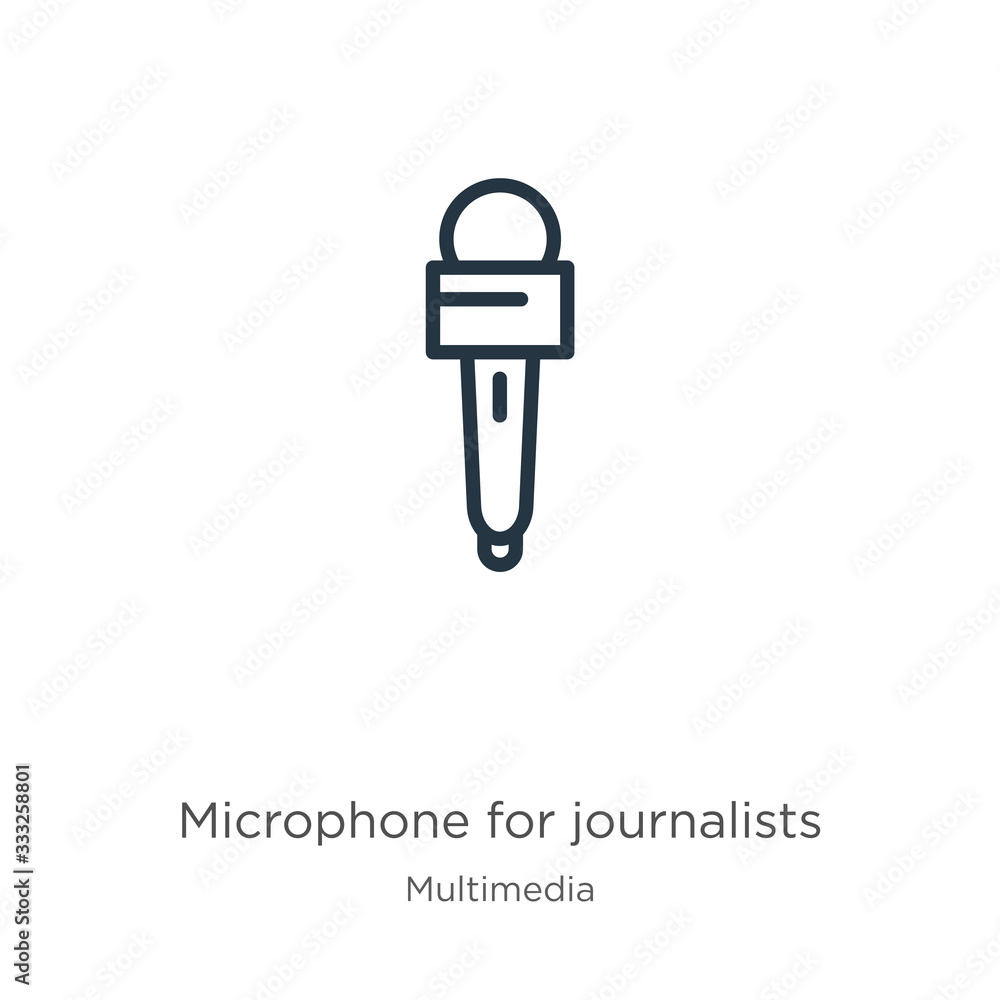 Poster microphone for journalists icon. thin linear microphone for journalists outline icon isolated on whi