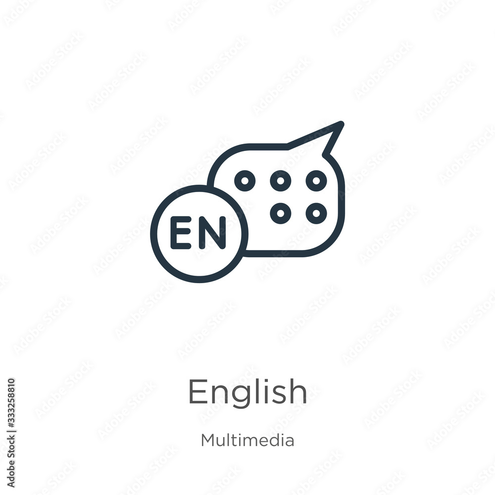 Poster english icon. thin linear english outline icon isolated on white background from multimedia collecti