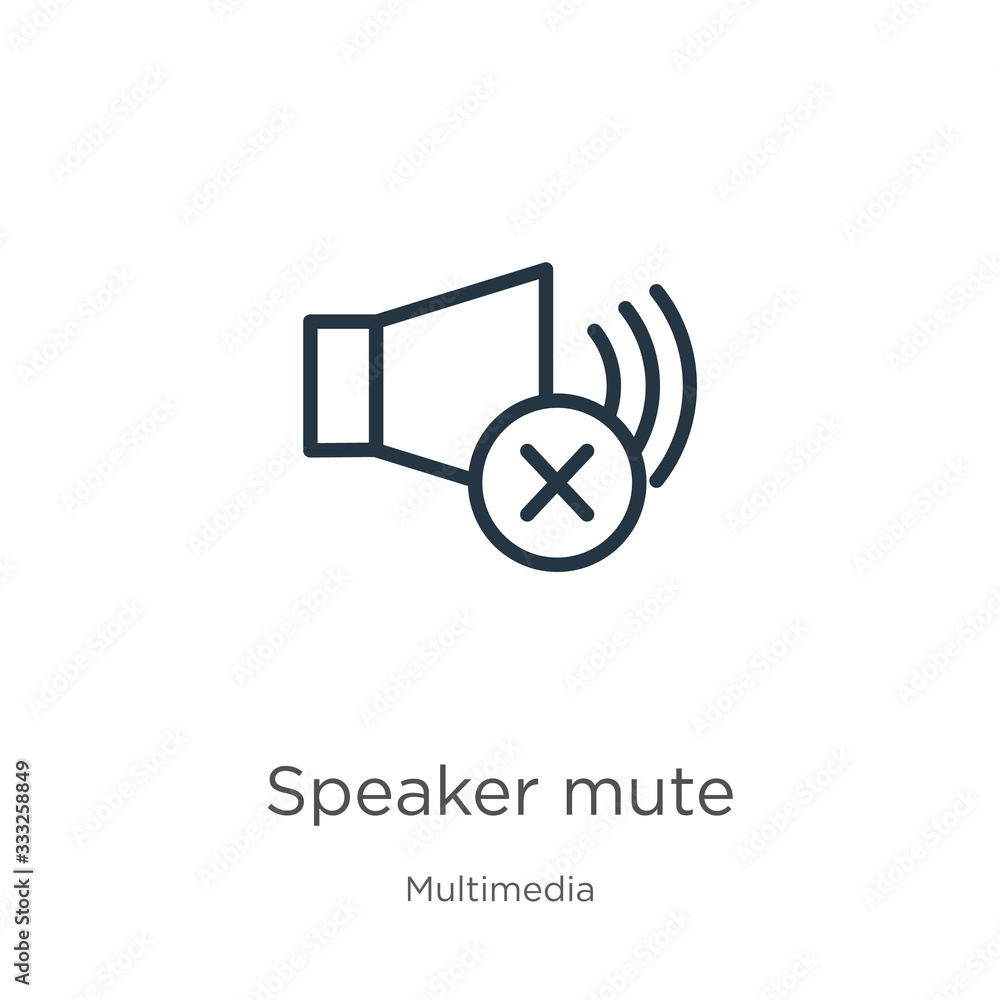 Poster speaker mute icon. thin linear speaker mute outline icon isolated on white background from multimedi